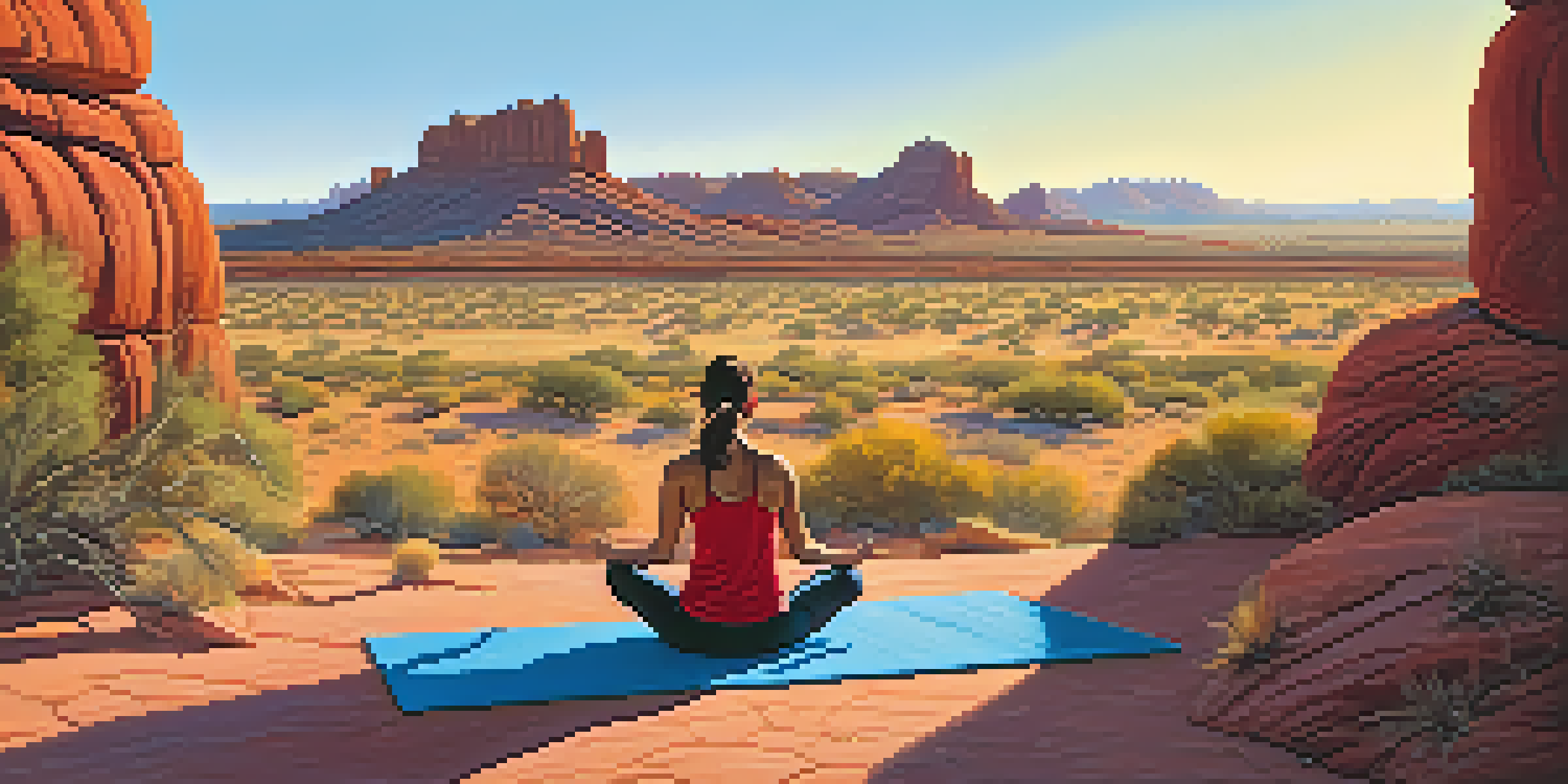 A person practicing yoga at sunrise in Phoenix, with red rock formations in the background and a clear blue sky.