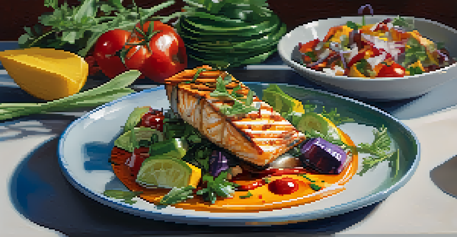 A beautifully plated dish showcasing a fusion of Southwest cuisine with grilled vegetables and seared fish, artfully garnished with fresh herbs.