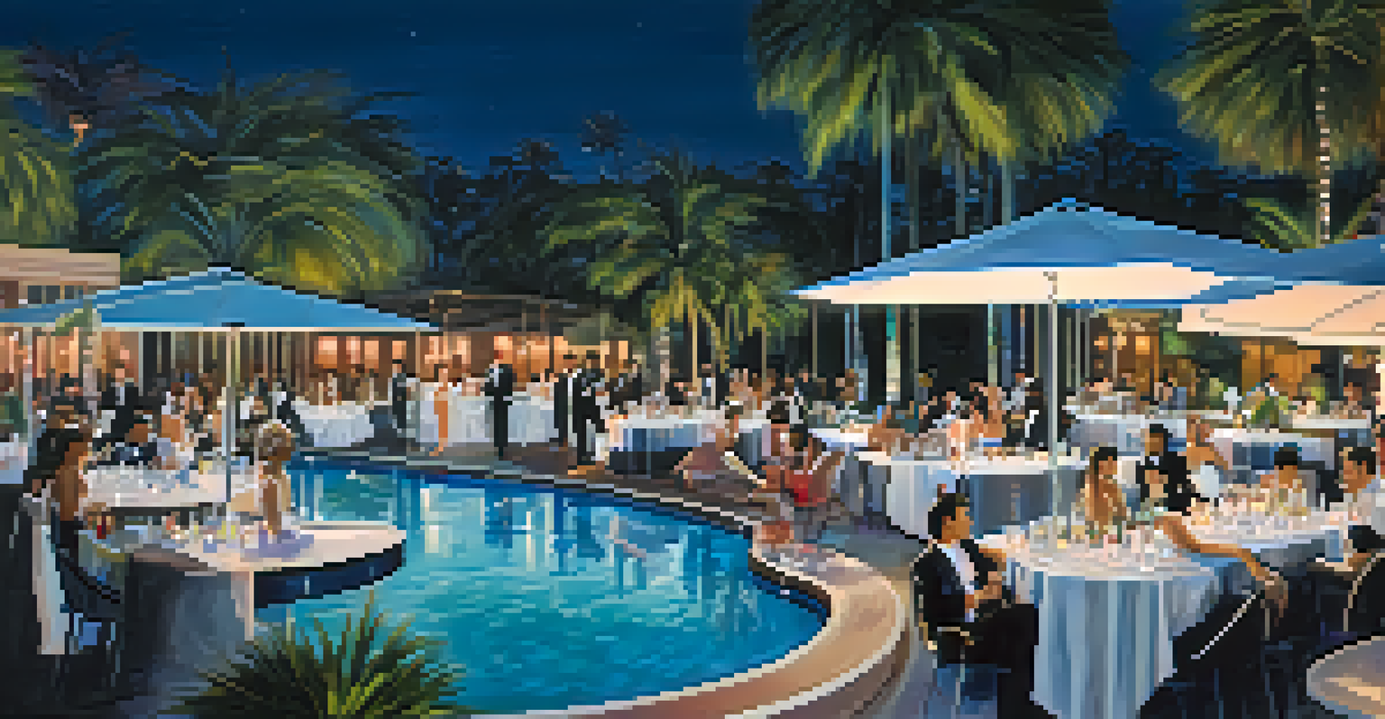 A luxurious outdoor pool area at Maya Day and Nightclub in Phoenix, with stylish guests dancing and enjoying cocktails under the moonlight.