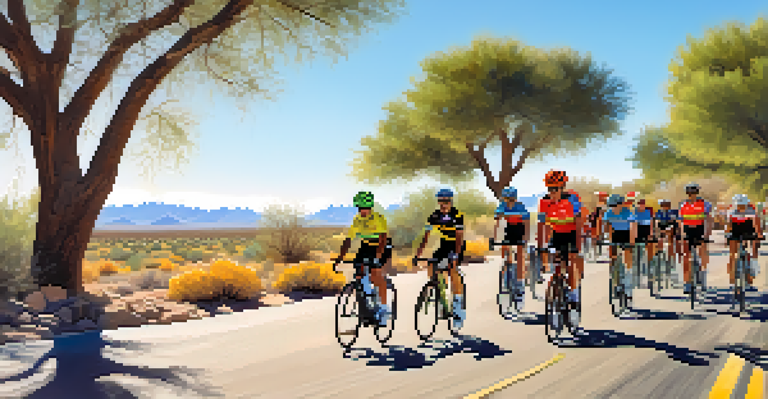 A diverse group of cyclists enjoying a cycling event in Phoenix with a scenic desert background.