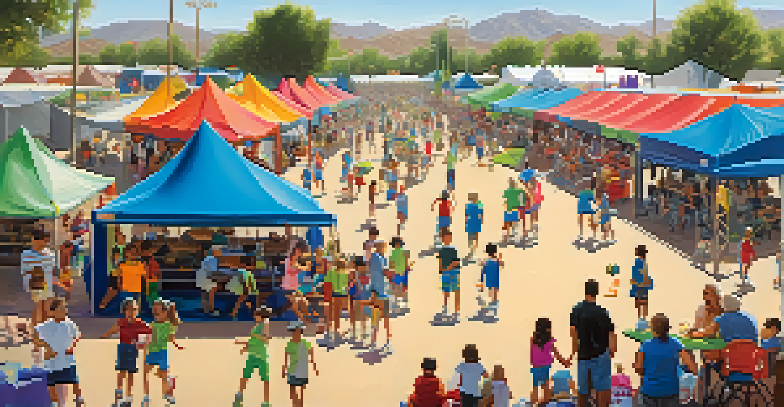 Families and children enjoying a lively community sports fair in Phoenix, participating in various sports activities.