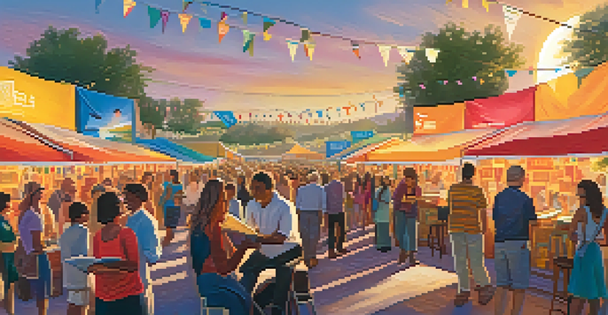 A lively scene of a literary festival in Phoenix with diverse attendees interacting with authors and colorful book displays under a sunset.