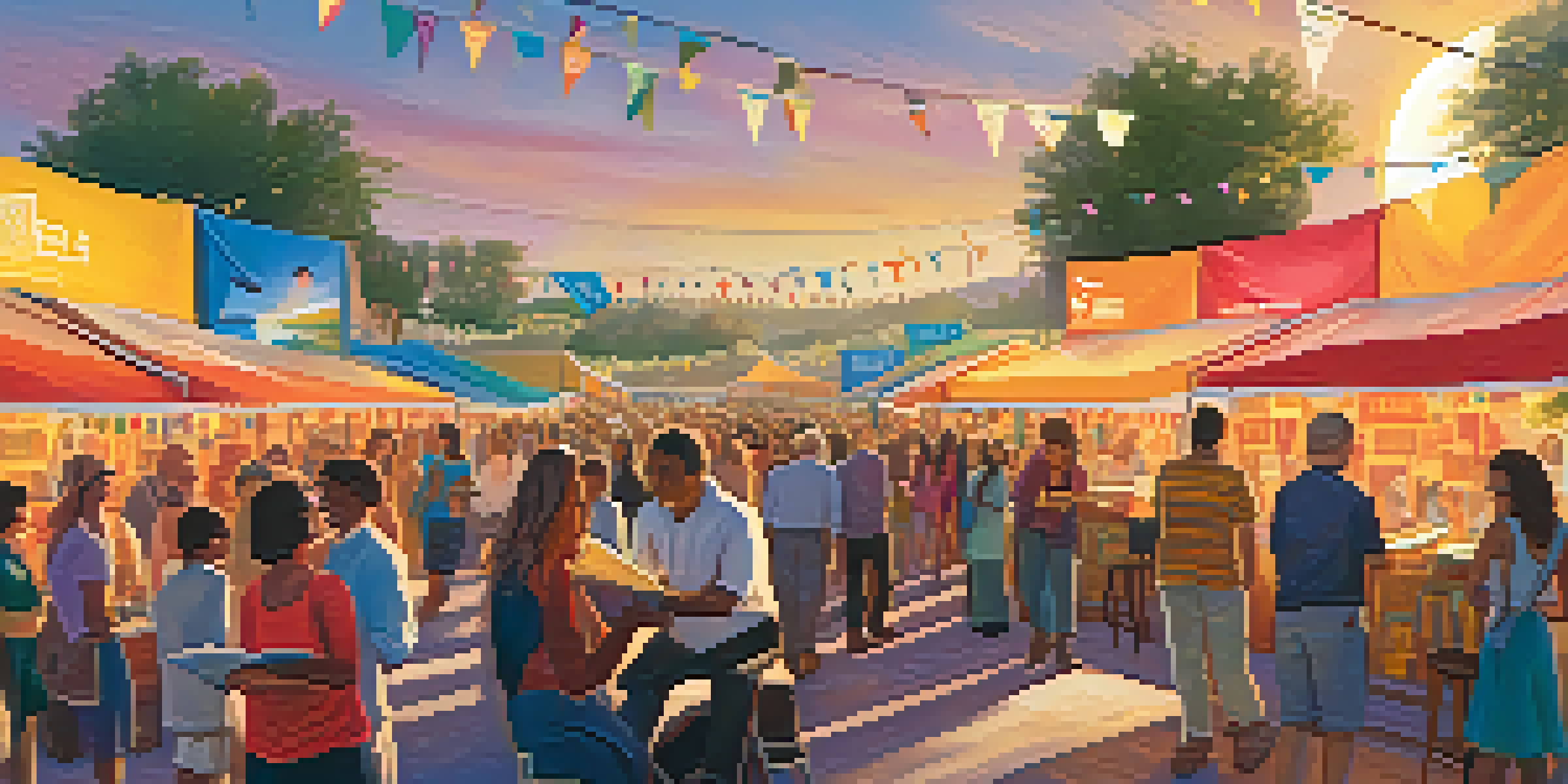 A lively scene of a literary festival in Phoenix with diverse attendees interacting with authors and colorful book displays under a sunset.
