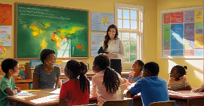 A classroom filled with diverse parents and teachers collaborating, surrounded by educational materials and bright sunlight.