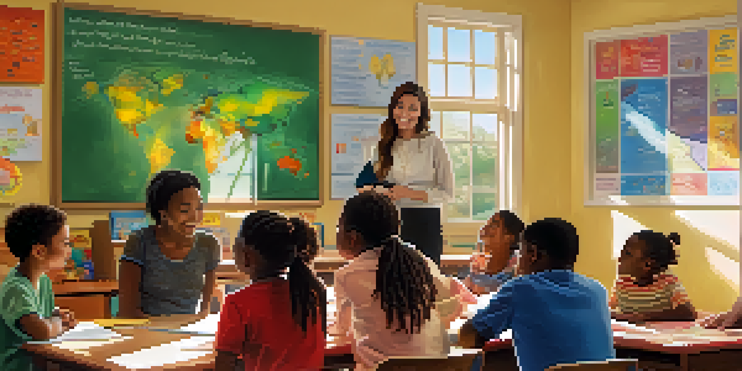 A classroom filled with diverse parents and teachers collaborating, surrounded by educational materials and bright sunlight.