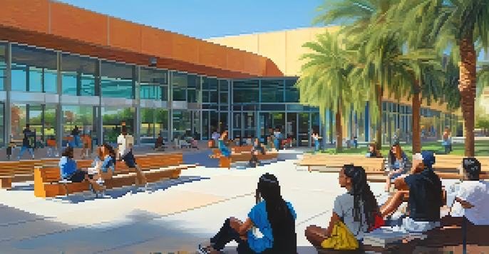 A lively community college campus in Phoenix with diverse students engaged in study and conversation under the sun.
