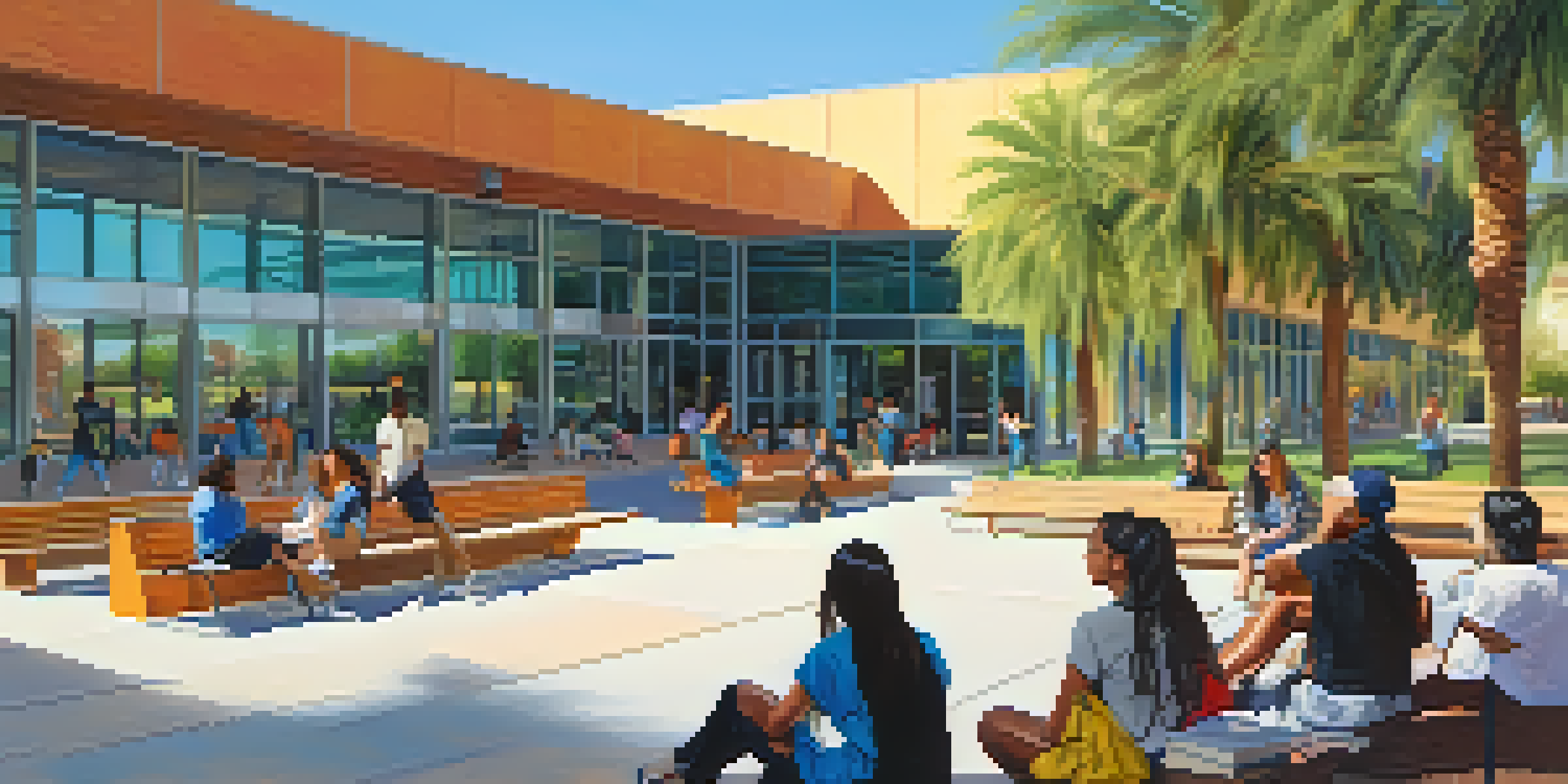 A lively community college campus in Phoenix with diverse students engaged in study and conversation under the sun.