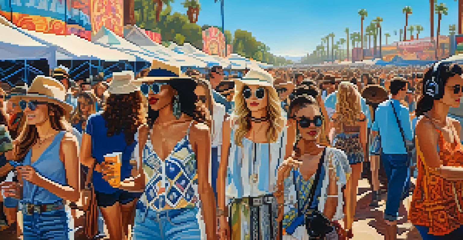 A lively outdoor music festival in Phoenix with attendees wearing diverse and unique fashion styles, enjoying live performances.