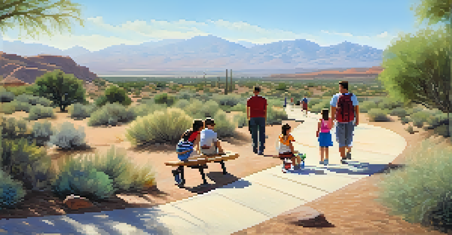 A family on Desert Vista Trail, featuring children playing on a paved path surrounded by desert plants under a sunny sky.