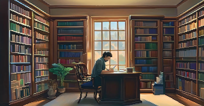 A peaceful reading area in the Phoenix Public Library featuring bookshelves, a writer at a desk, and warm lighting.
