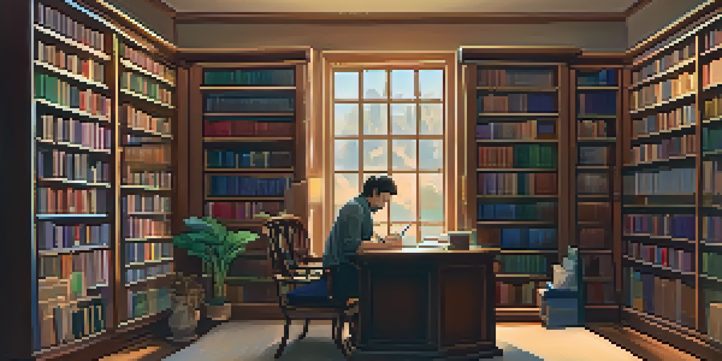 A peaceful reading area in the Phoenix Public Library featuring bookshelves, a writer at a desk, and warm lighting.