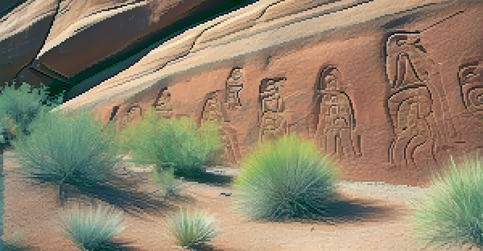 A close-up view of ancient petroglyphs on a red rock wall, surrounded by desert plants.