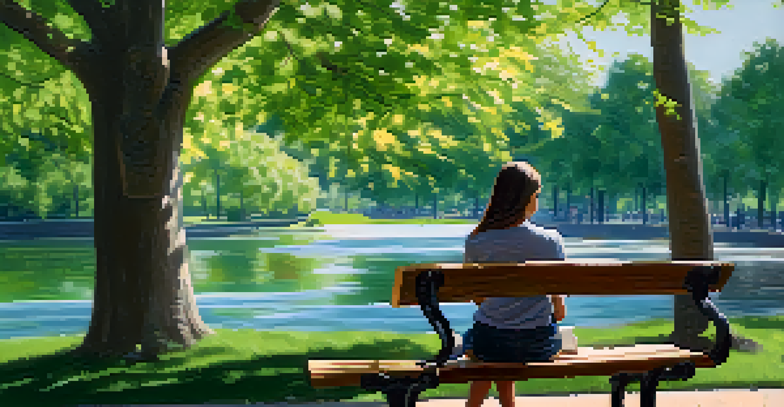A student sketching in a notebook on a park bench surrounded by greenery and flowers, with sunlight filtering through the trees.