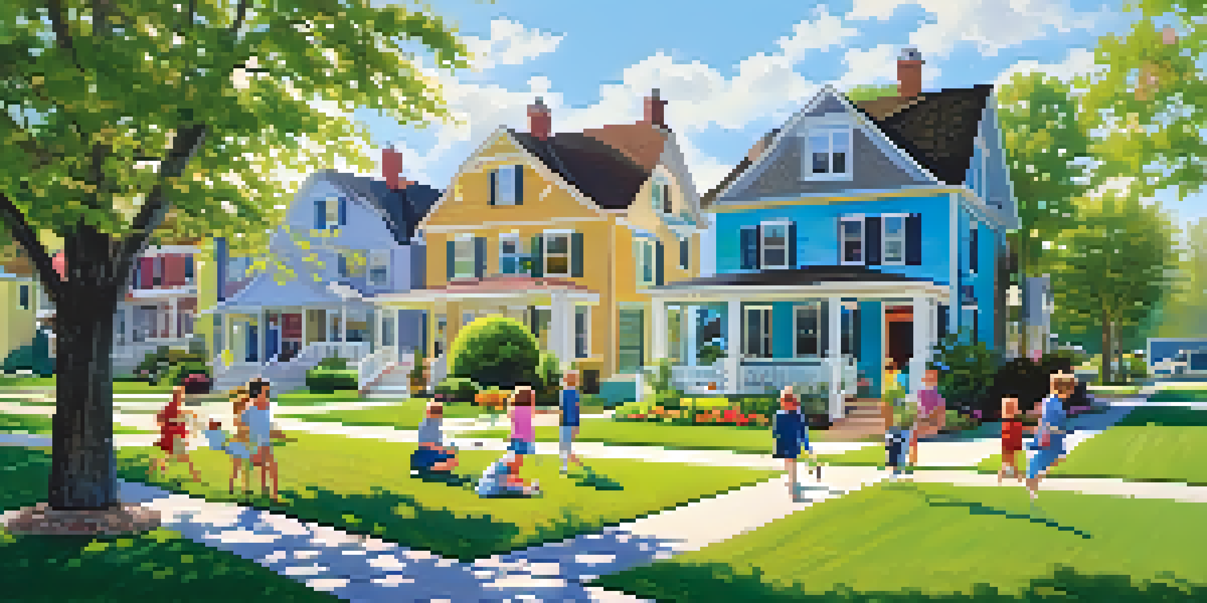 A peaceful suburban neighborhood with families enjoying the outdoors, featuring children at play and well-maintained homes.