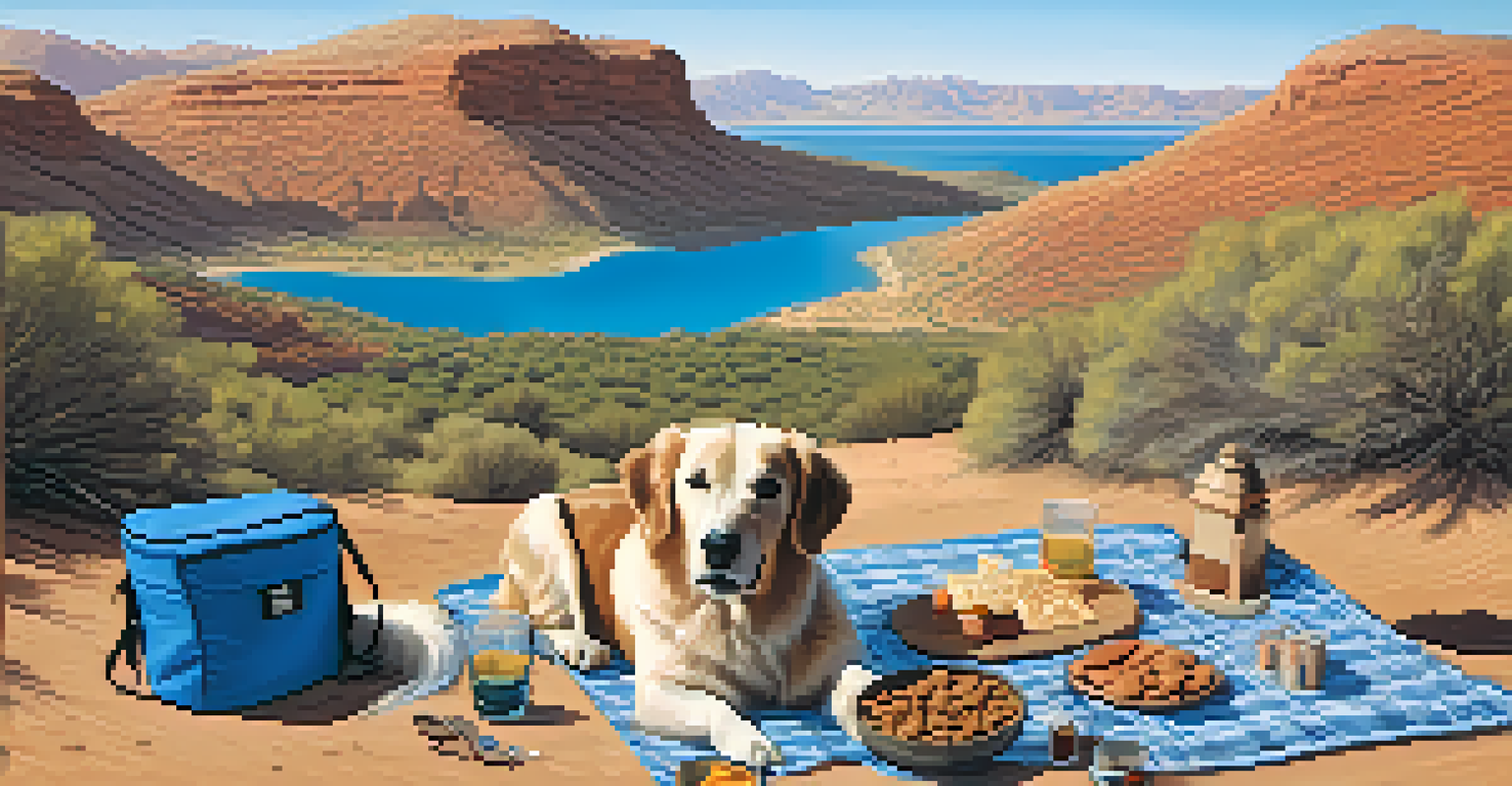 A dog resting beside a picnic blanket on a hiking trail with treats and a water bowl, set against a desert landscape.