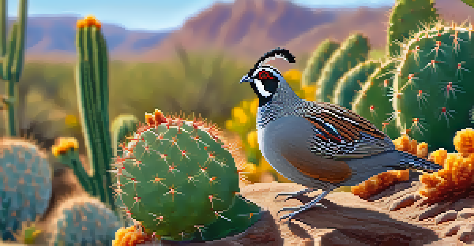 A Gambel's quail sitting on a prickly pear cactus amidst colorful desert foliage.