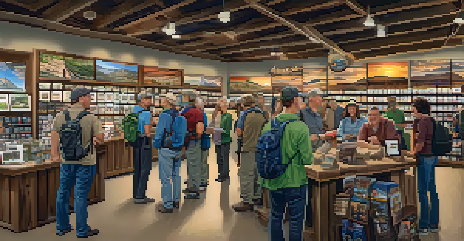 Hiking club members gathered in an outdoor store in Phoenix, discussing plans with maps and gear around them in a warm, inviting environment.