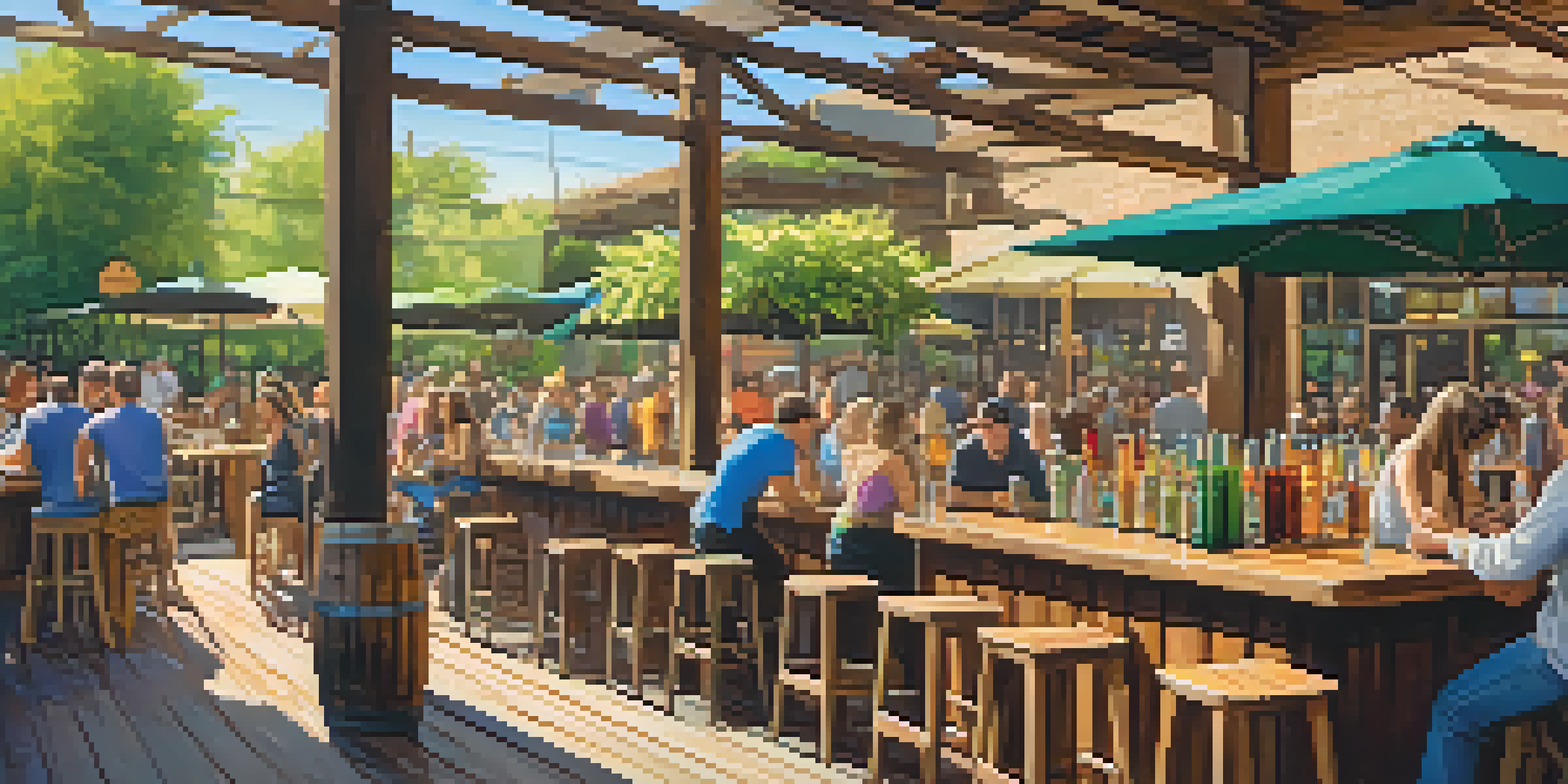 A lively outdoor brewery scene in Phoenix with colorful beer glasses, greenery, and people enjoying their drinks.