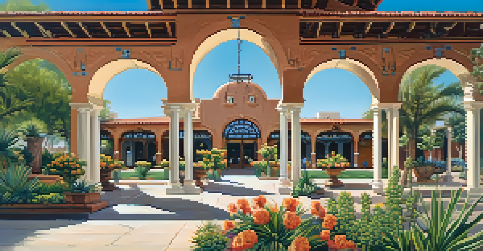 An exterior view of the Southern Pacific Depot in Phoenix, highlighting its Spanish Colonial Revival architecture and surrounding greenery.