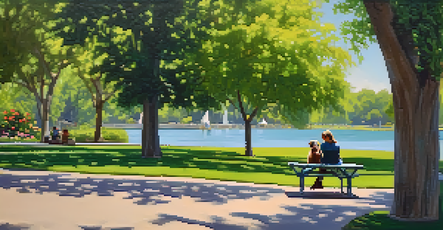 A person having a picnic with their dog by the lake in Encanto Park, surrounded by lush greenery and blooming flowers.
