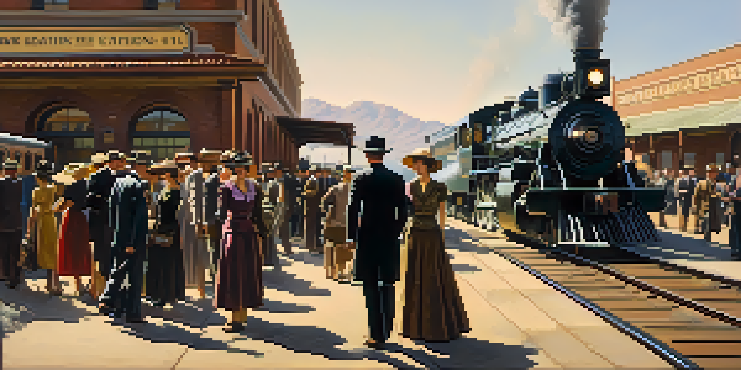 A historical depiction of a Southern Pacific Railroad train arriving at a Phoenix station with passengers disembarking, set against a warm desert landscape.