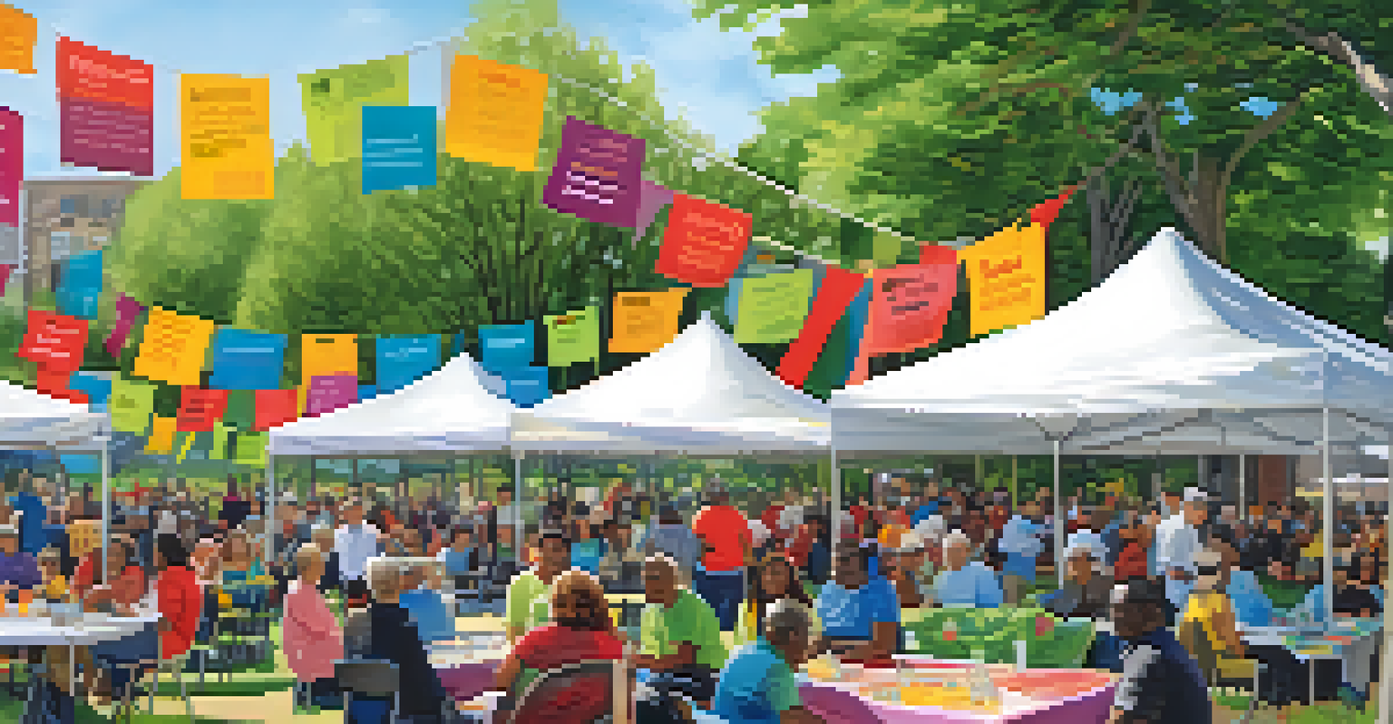 A community engagement event in a park with residents participating in a public forum, colorful banners, and tables showcasing local businesses.