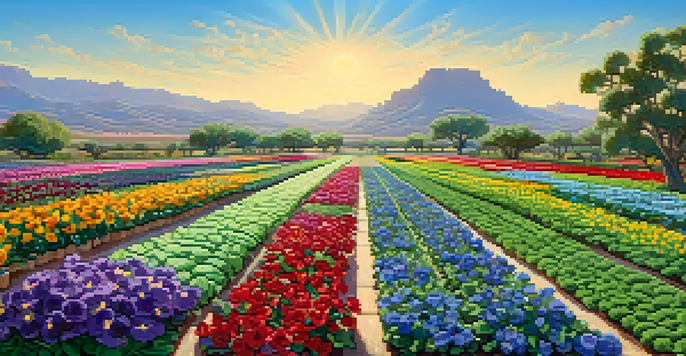 A colorful garden in Phoenix featuring spinach, lettuce, broccoli, and blooming pansies and snapdragons under a clear sky.