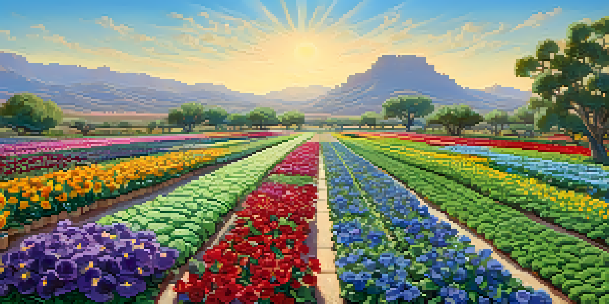 A colorful garden in Phoenix featuring spinach, lettuce, broccoli, and blooming pansies and snapdragons under a clear sky.