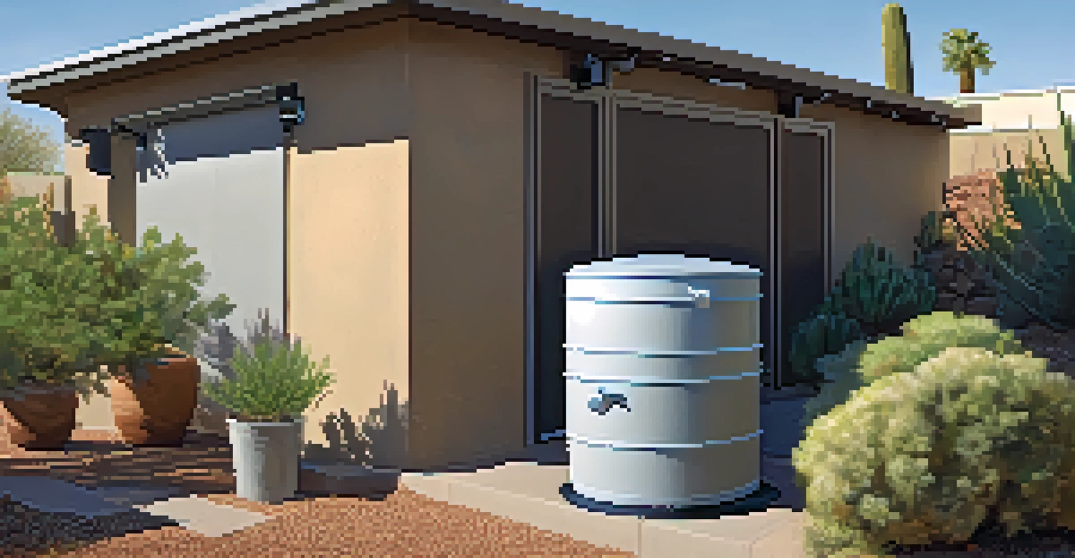 A rainwater harvesting system with barrels on a roof in Phoenix, set against a sunny garden and dry landscape.
