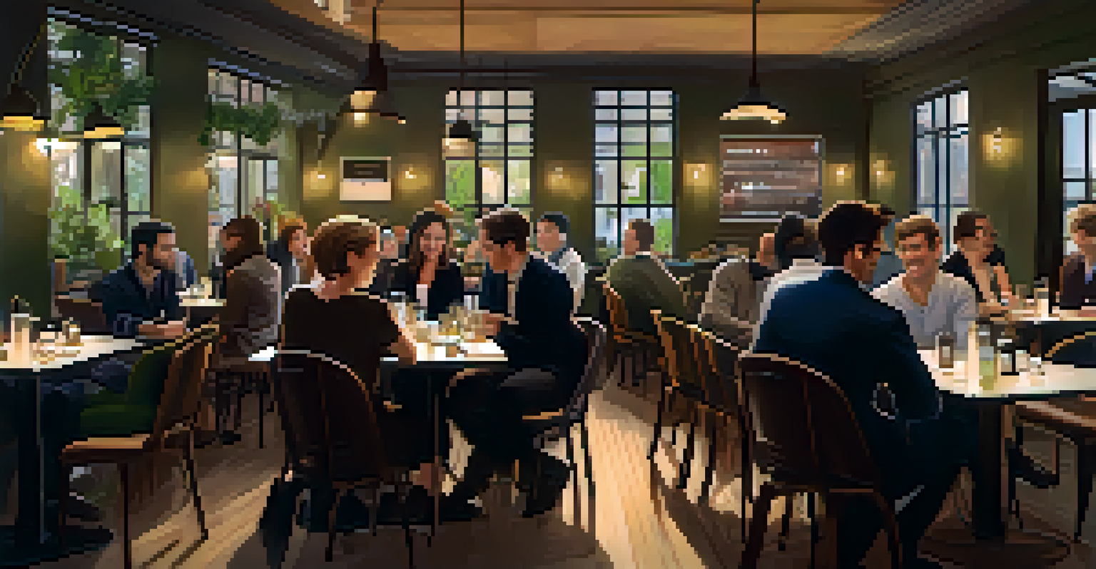 A cozy café setting with members of a public speaking club networking, engaging in conversations, and exchanging business cards in a warm atmosphere.