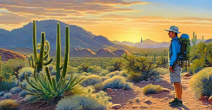 A hiker resting on a desert trail in Phoenix, surrounded by saguaro cacti and rocky terrain, with a sunset in the background.