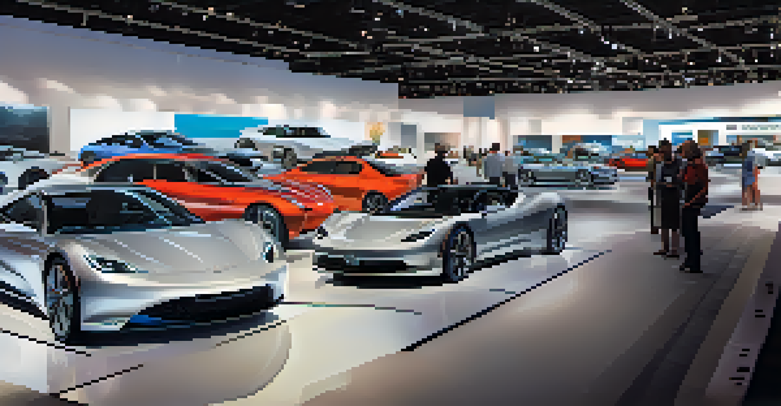 A bustling auto show with attendees exploring luxury and electric vehicles under bright showroom lights.