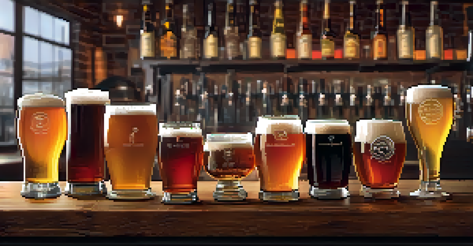 A display of craft beers and artisanal spirits on a rustic bar counter in a Phoenix brewery, showcasing various glass styles and rich colors.