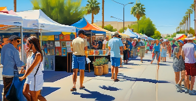 A bustling street filled with artists and families at the Phoenix Arts Festival, with colorful artworks on display and a clear blue sky.