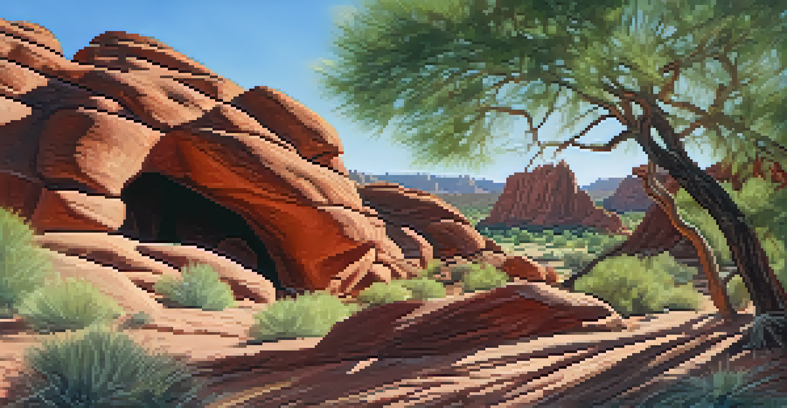 Close-up of Hole-in-the-Rock formation at Papago Park, highlighting red sandstone texture with people hiking in the background.