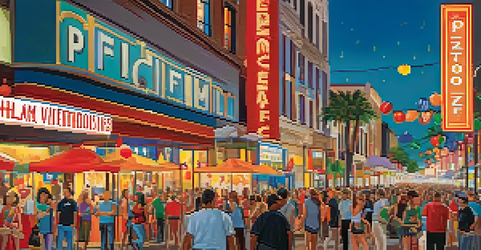 A lively street during a Phoenix film festival with local businesses promoting the event and festival-goers enjoying the atmosphere.