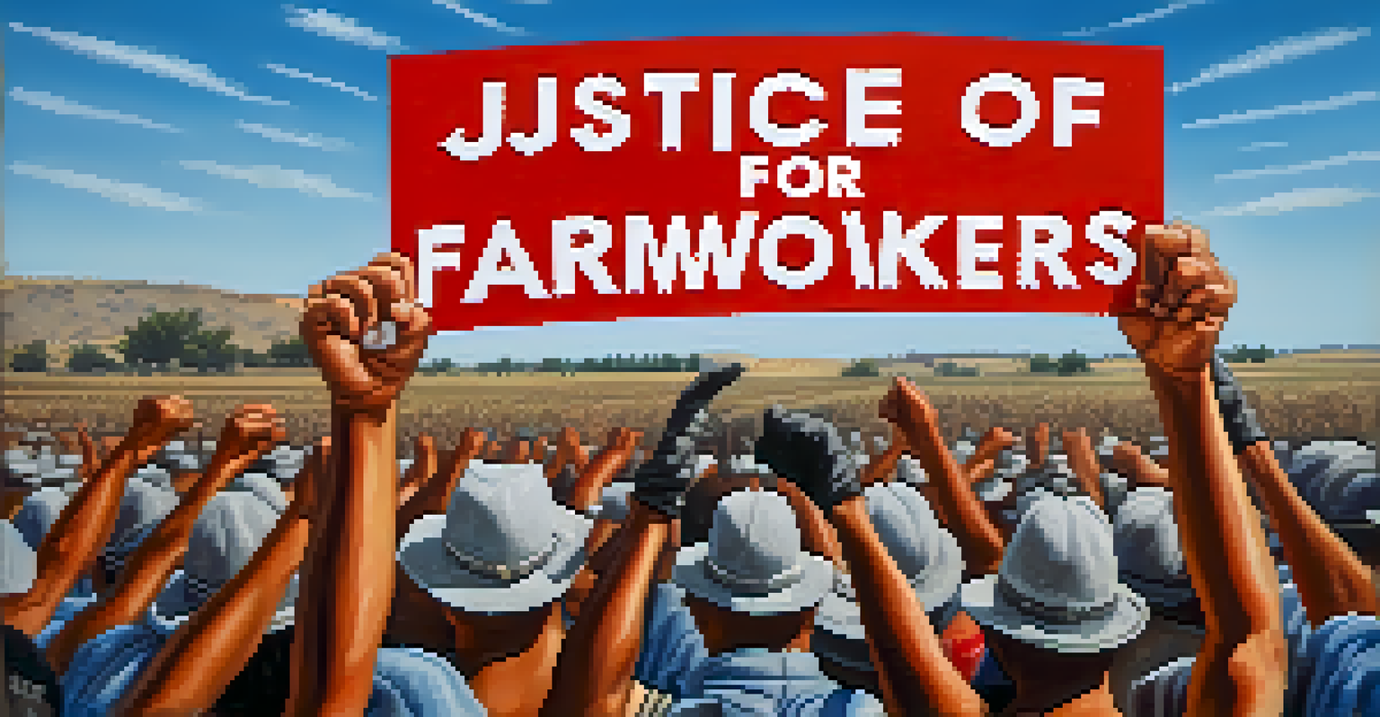 A close-up of a hand holding a protest sign for farmworker rights, with blurred protesters in the background.
