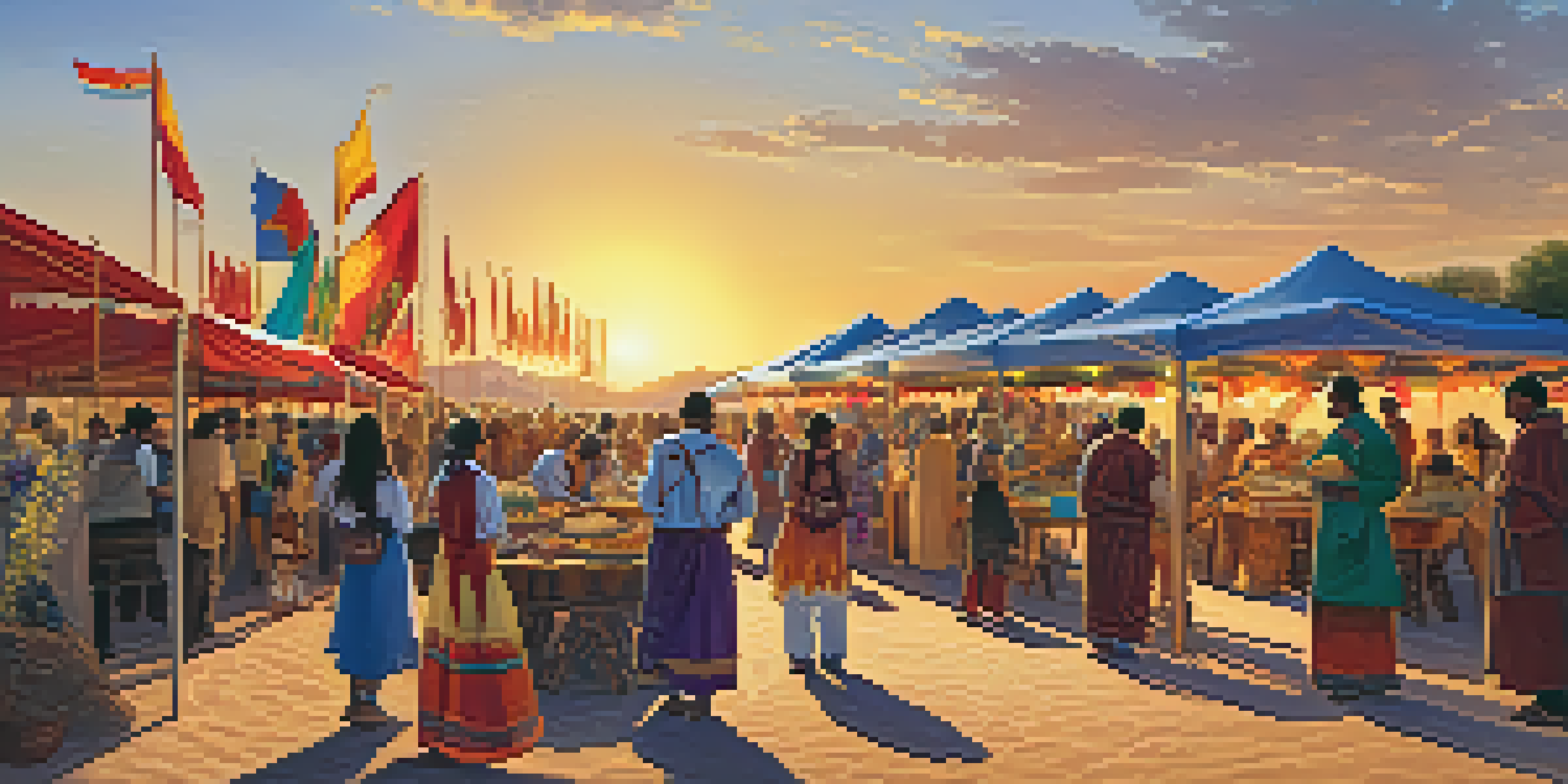 A lively outdoor event in Phoenix with diverse participants in traditional clothing sharing cultural foods and artifacts, under a warm sunset.