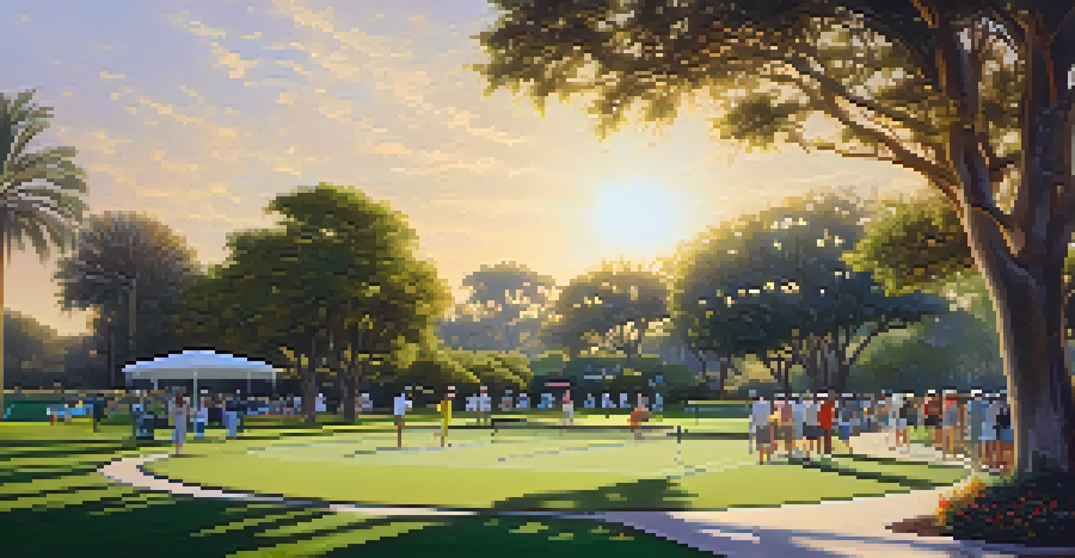 A scenic view of Encanto Park with tennis courts and a golf course, surrounded by greenery during sunset.