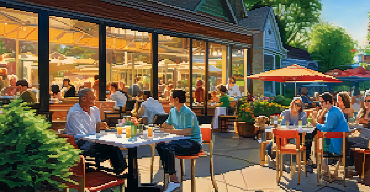 A lively outdoor dining area filled with diners and their pets, showcasing a pet-friendly restaurant atmosphere.