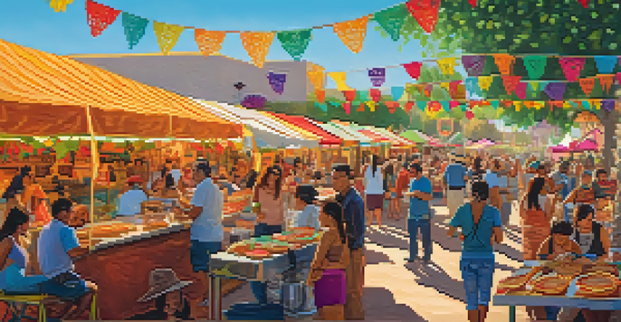 A bustling taco festival with colorful taco stands and festival-goers enjoying food, decorated with papel picado and live music.
