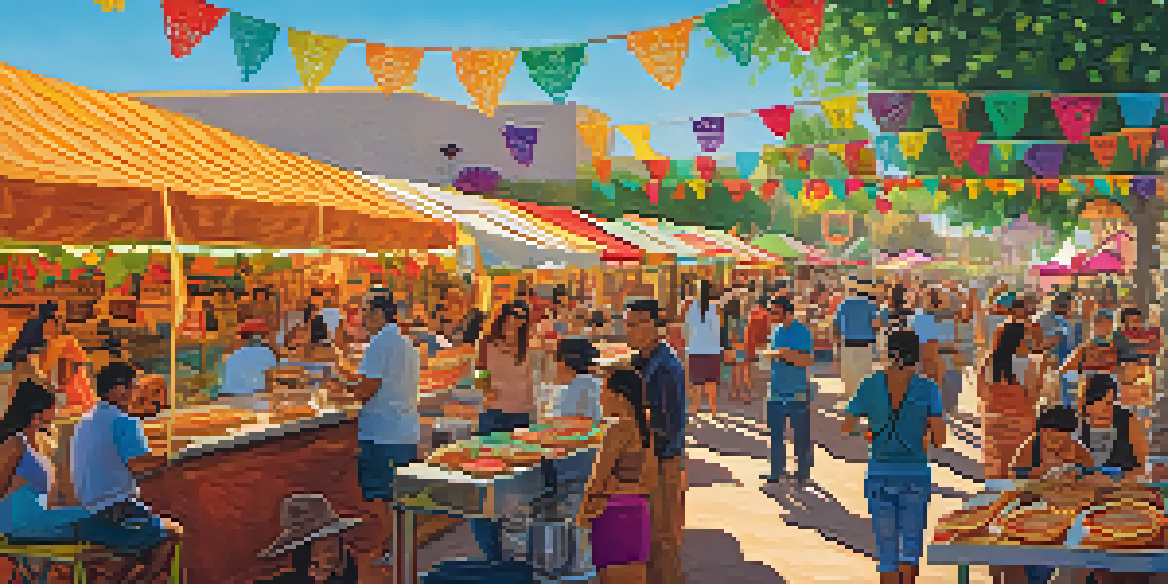 A bustling taco festival with colorful taco stands and festival-goers enjoying food, decorated with papel picado and live music.
