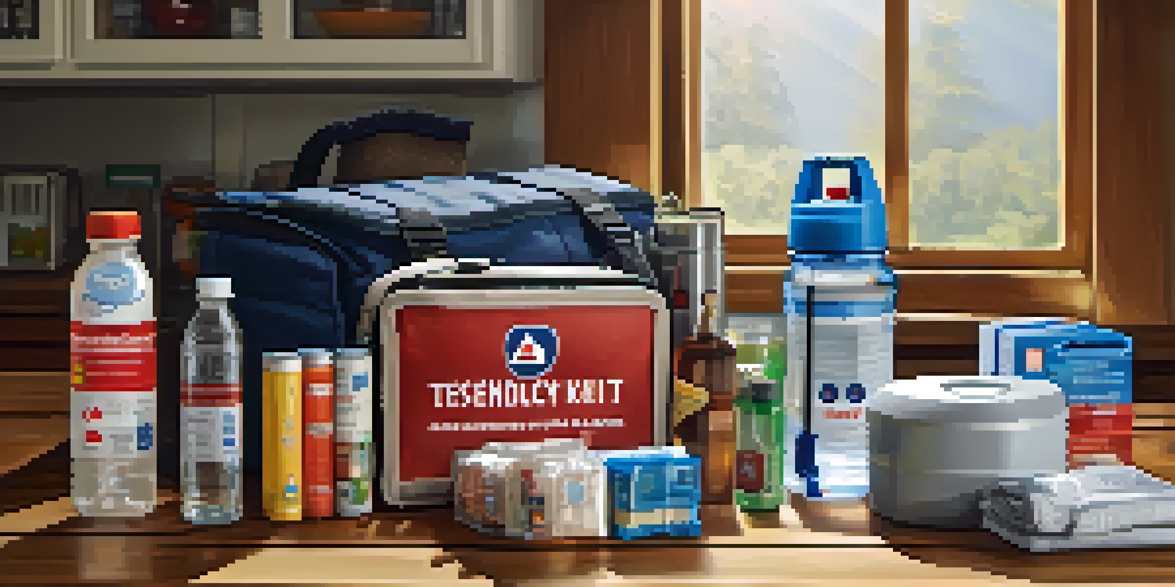 An emergency kit on a wooden table filled with essential items like water, food, and a first aid kit in a well-lit kitchen.