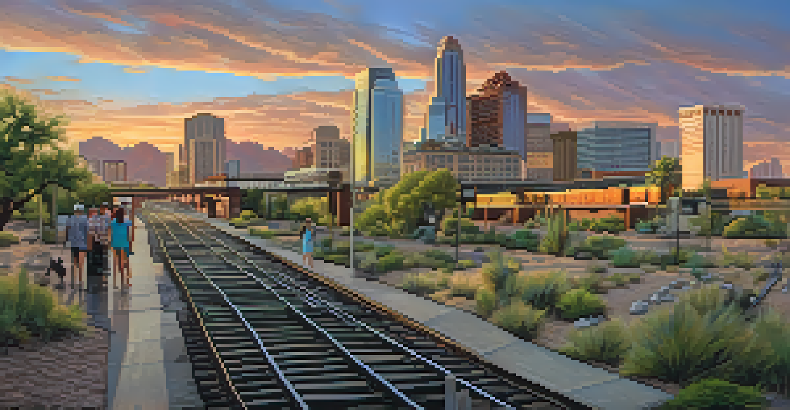 A modern view of downtown Phoenix with remnants of old railway tracks converted into a pathway, illuminated by a sunset.