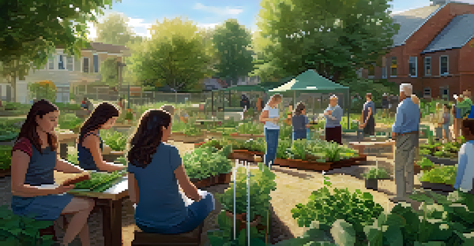 A community gardening workshop with participants learning about sustainable practices in a lush garden setting.