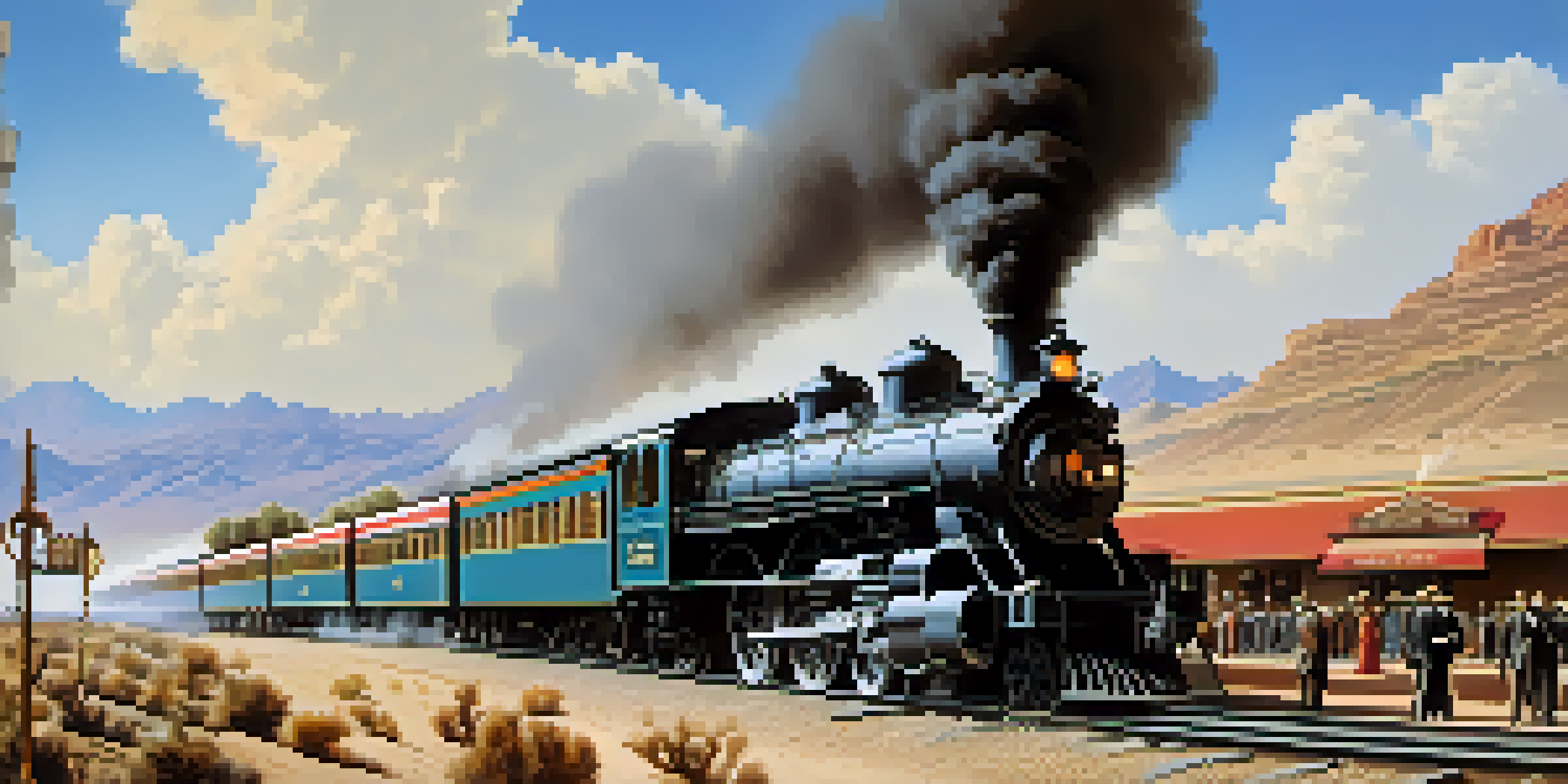 A historical depiction of the Southern Pacific Railroad arriving in Phoenix, with a busy train station and passengers in 19th century attire.