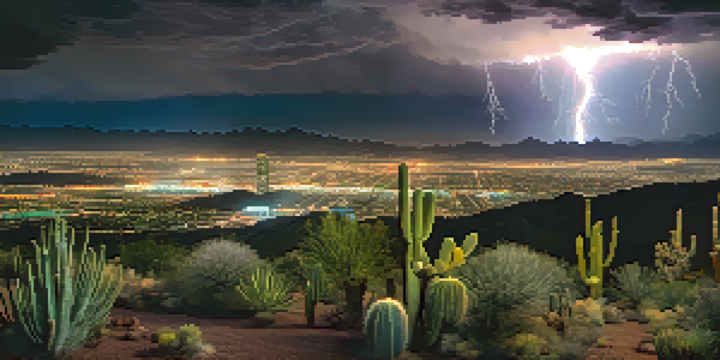 A panoramic view of Phoenix skyline with dark clouds and lightning during summer monsoon season, surrounded by desert flora.