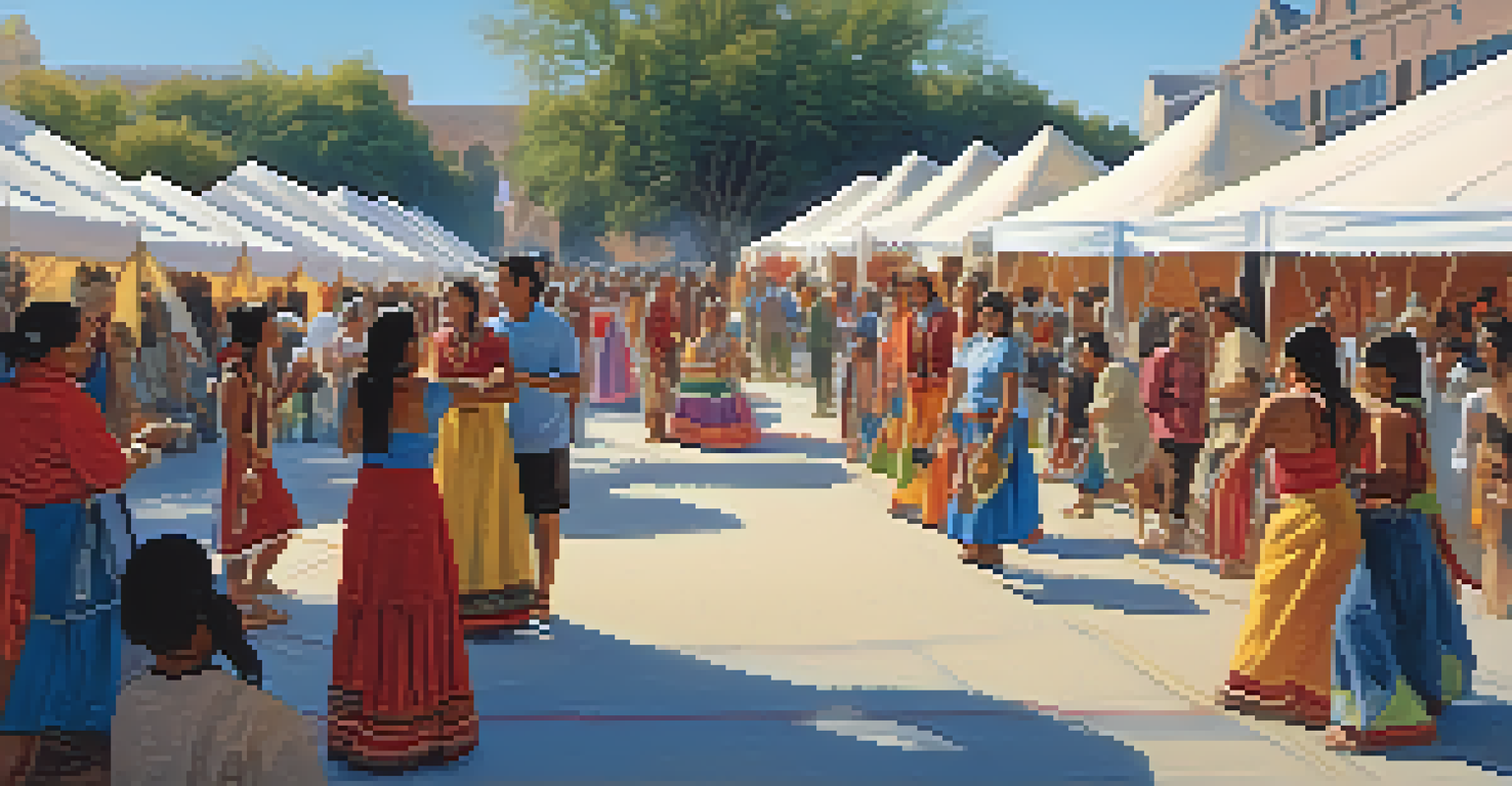 A lively outdoor festival at the Heard Museum, showcasing traditional Native dance, music, and art, with colorful tents and a joyful crowd.