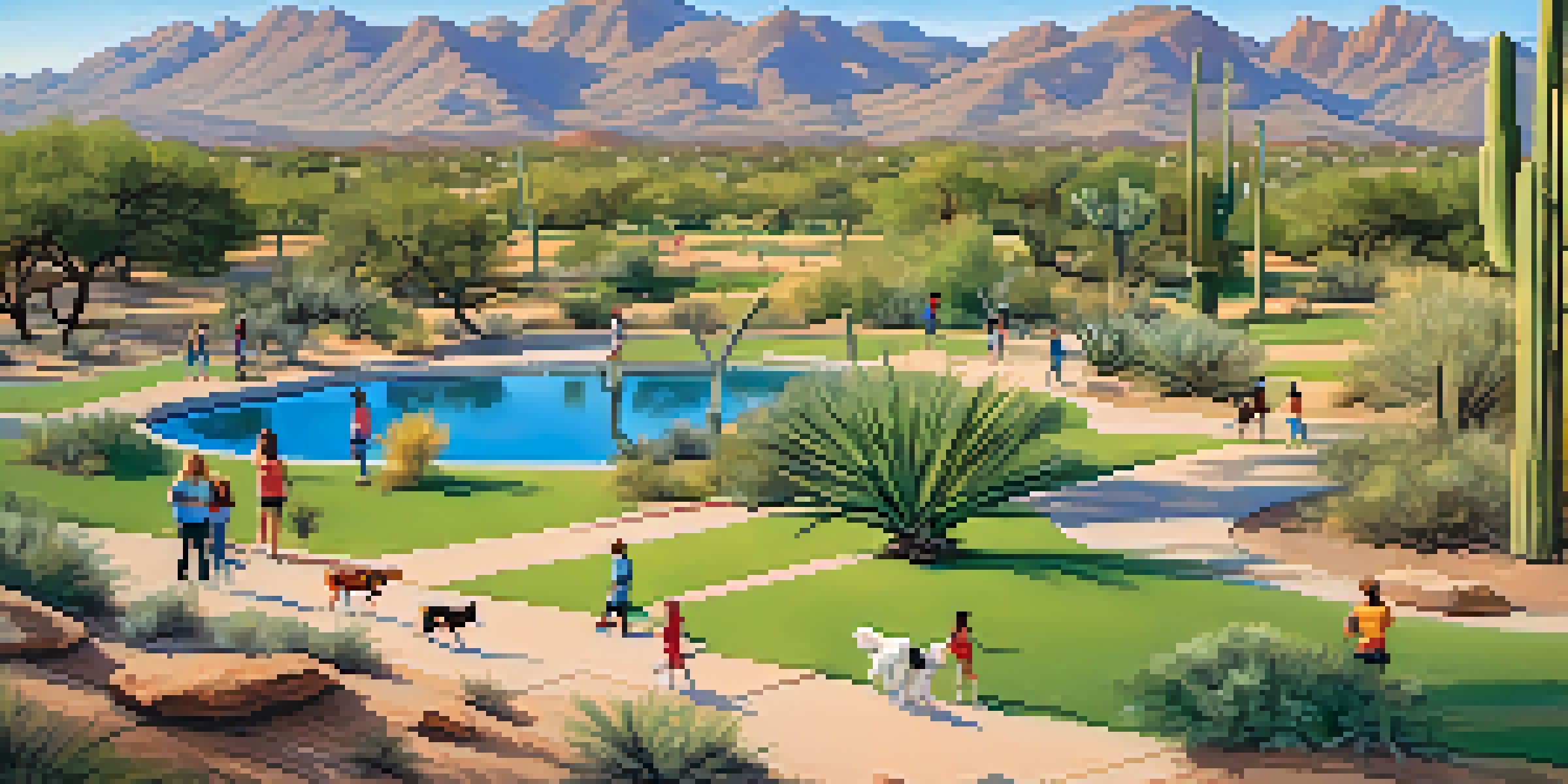 A sunny park in Phoenix with dogs playing in a grassy area and saguaro cacti in the background.