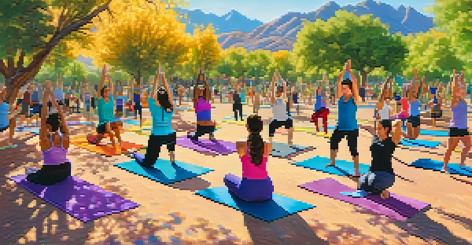 A diverse group of people practicing yoga outdoors in a sunny park, surrounded by greenery and mountains in the background.
